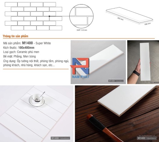 gạch thẻ nam phát 100x400 trắng phẳng bóng